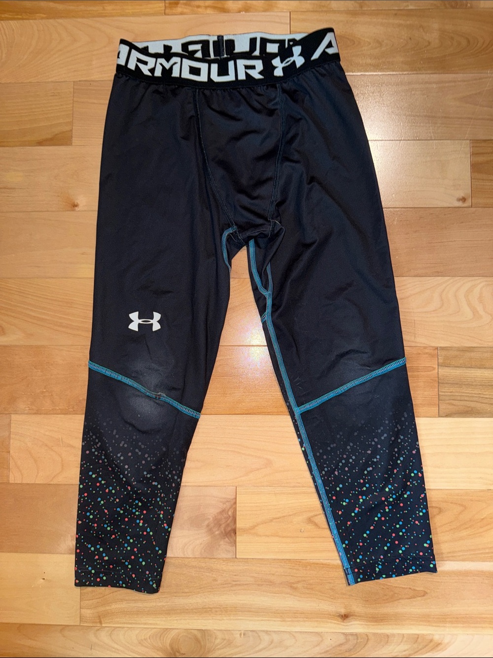 Under Armour kids' compression leggings with Multicolor Speckle and Blue Trim YM